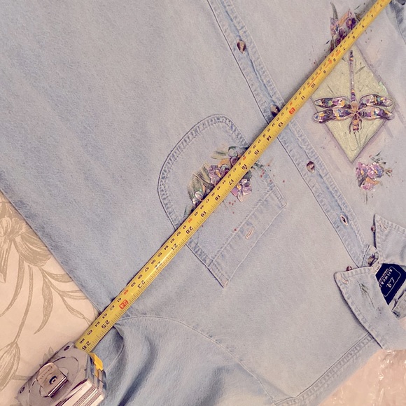 Denim Shirt Hand Painted MAJOR MARKDOWN Soft, Colorful Floral & Dragonflies L - Picture 11 of 11